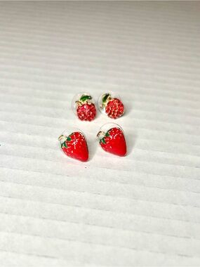 Strawberry & Rhinestone Apple Stud Earring Set- Fruit small earrings Summer New!